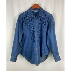 VTG Ann Tjian for Kenar Womens M 90s Jean Denim Cutout Long Sleeve Button Shirt